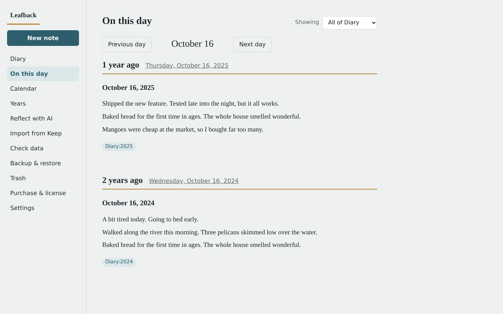 Leafback’s On this day screen
